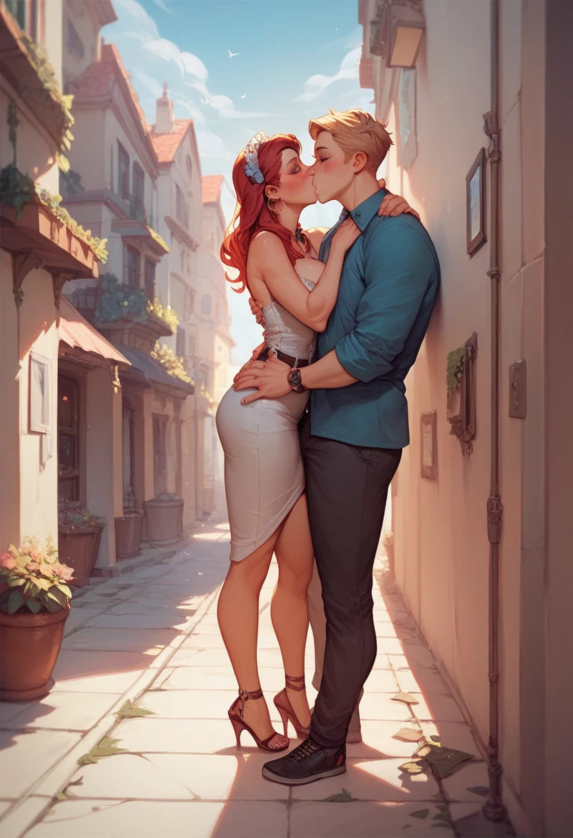 girl in tight party dress being groped by many strangers in an alley