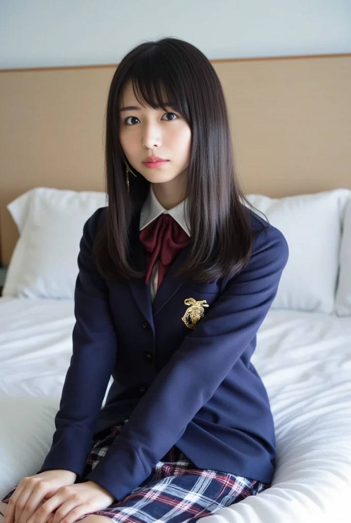 ( top quality、 top quality、 real、photograph、 high definition 、1080P、8k、Her face is particularly pale 、 physical rendering、((height: 155cm))、 1 Japanese girl、(( a siren in the form of a  Japanese middle school student sitting 。))、((((( Siren in the form of a beautiful girl's fashion model in a Japanese magazine )))))、、((( big, very detailed, beautiful dark brown eyes )))、(( blue girly large burgundy shiny polyester Japanese school bow tie))、((( very beautiful straight black hair )))、(((( formal long pleated pleated skirt with a deep blue tartan check ))))、(( a little Oversized plain formal dark blue blazer with emblem on left chest 。))、(((((( laughing at me !))))))、Mouth open、 the big blazer and skirt are so cute 。、Fine fingers、 slender body 、((Curly bangs))、Very beautiful、(( very big and very cute Japanese girl's eyes ))、((Large pupils))、 double eyelids、 her entire skirt is reflected 、 thin eyebrows、((Droopy eyes))、((Very long eyelashes))、(( cute and adorable cheeks ))、(( pure white light on her face from the front and top 、 it shines beautifully 。))、(( bright light hits her nose and cheeks 、 brings out the richness of expression 。))、((((( her face is expressive 、 pure and very intelligent 。)))))、(((( I'm watching the viewer )))、((((( so gorgeous and so divine 々 in a very luxurious basement with a beautiful bed )))))