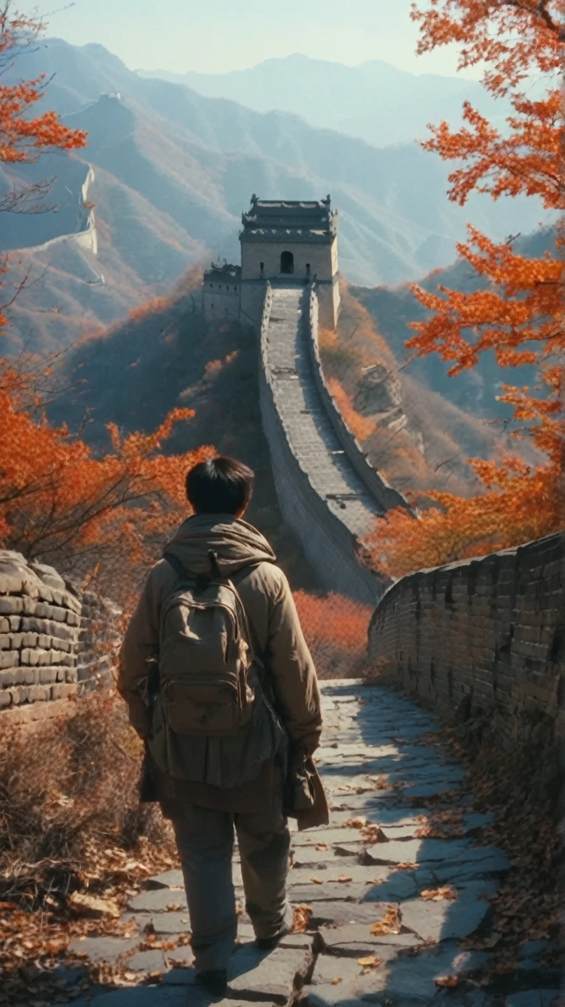 masterpiece, best quality, 1 man, autumn, great wall of china, grainy, film, old photo