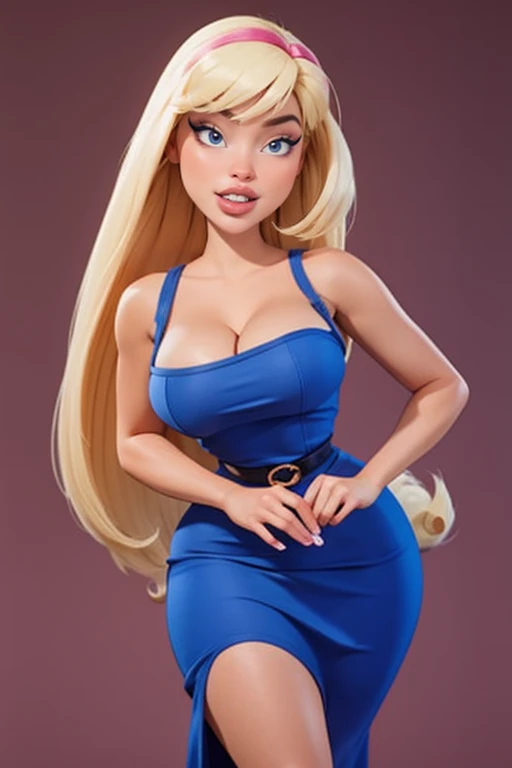 1girl, solo, (Blonde hair, waist length very very long straight hair: 1.15), barbie, heavy makeup, tight pink princes dress, bimbo, curvy, seducing look,clear perfect skin, realistic, large round breasts, simple background