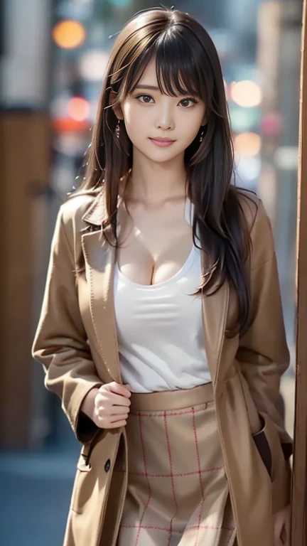 (highest quality;1,3), perfect real japanese、 Height: 140cm,big breasts、reddish brown hair、Shiny hair、nude、double、medium long hair、chest through the button gap、cleavage,cowboy shot,Holding a branded bag、((walk around town))、best smile、(bangs)