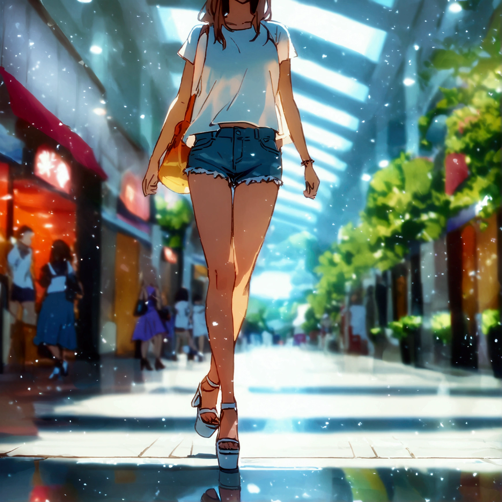 Senko san in white t-shirt shorts and heels like summer platform sandals in a mall 