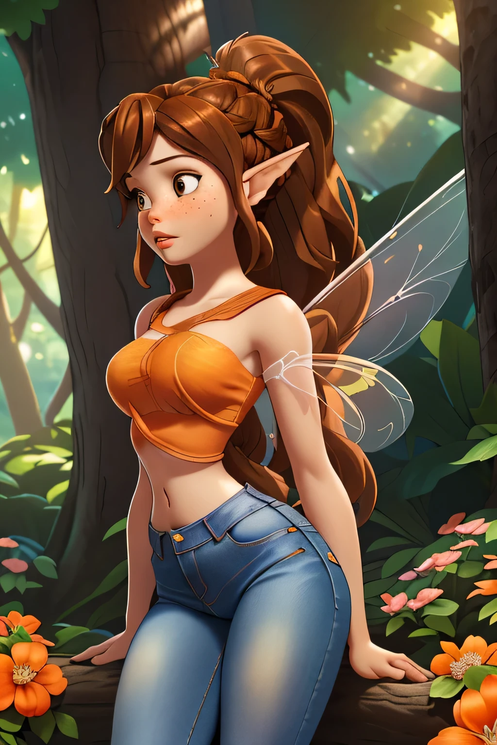 1girl in, age18, Fawn Waifu, photo of perfect woman, miniature ferry, Solo, (miniature girl and a huge world: 1.2), Aesthetic artwork, (long brown hair, very long brunette braided ponytail:1.25), (some small freckles, pale skin, large breasts, D-cup, runners body, very thin waist, skinny, petite, detailed skin texture), (fairy wings, big fairy wings, fairy ears: 1.33), (wearing orange cropped top, tight denim jeans: 1.5), (sitting at the base of an absolutely massive tree dwarfing everything around it, godrays shining down through the trees, seductive eyes, glossy lips, focus on breasts:1.2), (surrounded by huge flowers and trees, tiny girl surrounded by giant objects, detailed outdoor park:1.3), (extremely detailed 8k wallpaper), soft lighting, high quality, film grain, Fujifilm XT3 sharp focus, f 5.6, 50mm, High Detail, Sharp focus,(natural light), crazy details, complex details, hyper detailed. (cowboy photo:1.2), light particles, sfw