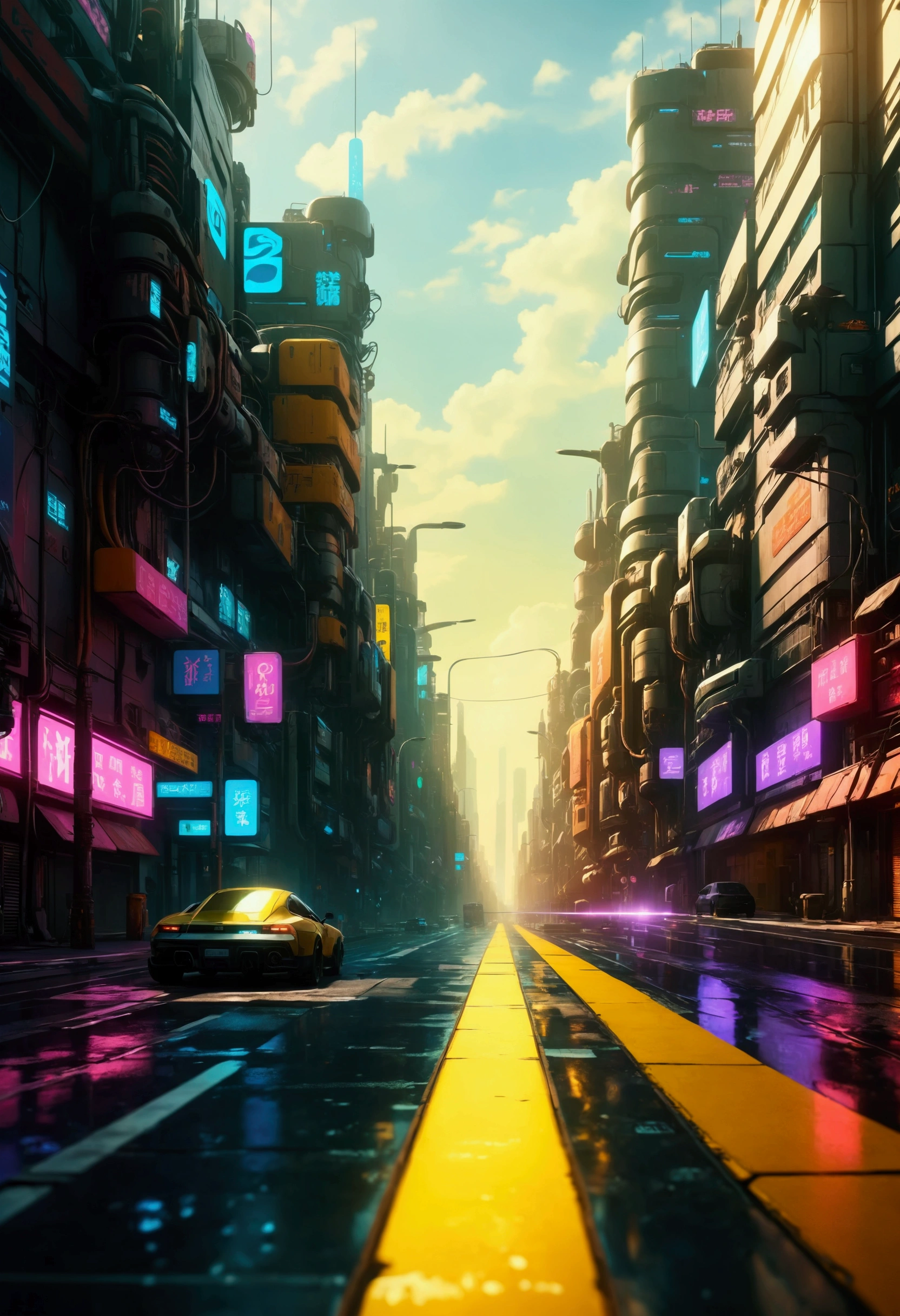create a scene of a 4-lane avenue, cyberpunk style, Sunny day period Horizontal