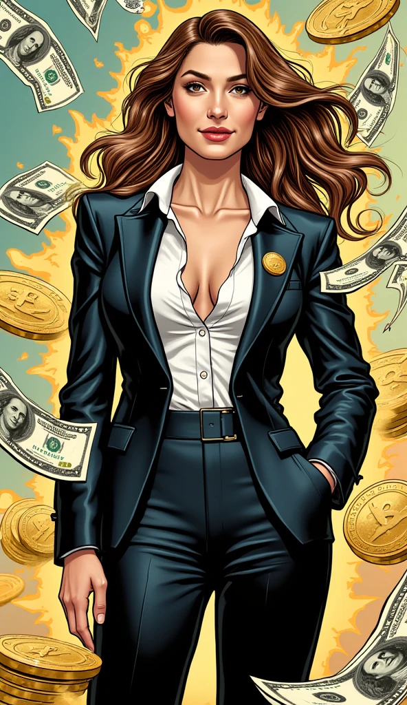 "A stylish adult woman, American, dressed in a professional and elegant outfit suitable for a business environment. She is surrounded by symbols of wealth and success, such as dollar bills or gold coins, presented in a comic book style with vibrant colors. The woman has a confident and discreet smile, with an overall empowering and classy appearance. The background incorporates abstract elements related to finance and prosperity."