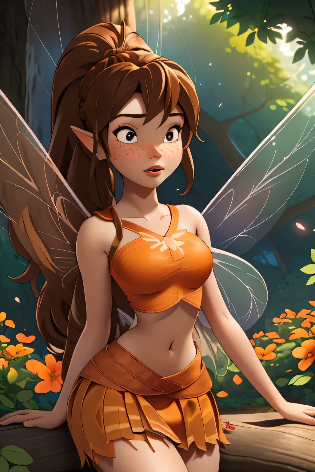 1girl in, age18, Fawn Waifu, photo of perfect woman, miniature ferry, Solo, (miniature girl and a huge world: 1.2), Aesthetic artwork, (long brown hair, very long brunette braided ponytail:1.25), (some small freckles, pale skin, large breasts, D-cup, runners body, very thin waist, skinny, petite, detailed skin texture), (fairy wings, big fairy wings, fairy ears: 1.33), (wearing orange cropped top, small miniskirt: 1.5), (sitting at the base of an absolutely massive tree dwarfing everything around it, godrays shining down through the trees, seductive eyes, glossy lips, focus on breasts:1.2), (surrounded by huge flowers and trees, tiny girl surrounded by giant objects, detailed outdoor park:1.3), (extremely detailed 8k wallpaper), soft lighting, high quality, film grain, Fujifilm XT3 sharp focus, f 5.6, 50mm, High Detail, Sharp focus,(natural light), crazy details, complex details, hyper detailed. (cowboy photo:1.2), light particles, sfw