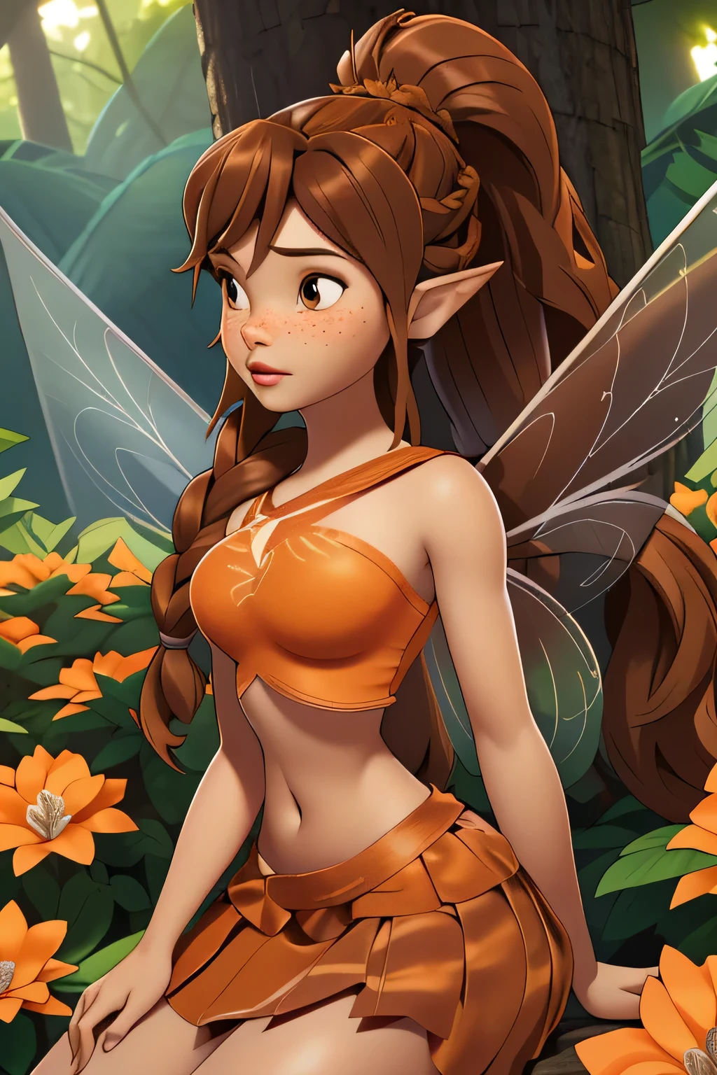 1girl in, age18, Fawn Waifu, photo of perfect woman, miniature ferry, Solo, (miniature girl and a huge world: 1.2), Aesthetic artwork, (long brown hair, very long brunette braided ponytail:1.25), (some small freckles, pale skin, large breasts, D-cup, runners body, very thin waist, skinny, petite, detailed skin texture), (fairy wings, big fairy wings, fairy ears: 1.33), (wearing orange cropped top, small miniskirt: 1.5), (sitting at the base of an absolutely massive tree dwarfing everything around it, godrays shining down through the trees, seductive eyes, glossy lips, focus on breasts:1.2), (surrounded by huge flowers and trees, tiny girl surrounded by giant objects, detailed outdoor park:1.3), (extremely detailed 8k wallpaper), soft lighting, high quality, film grain, Fujifilm XT3 sharp focus, f 5.6, 50mm, High Detail, Sharp focus,(natural light), crazy details, complex details, hyper detailed. (cowboy photo:1.2), light particles, sfw