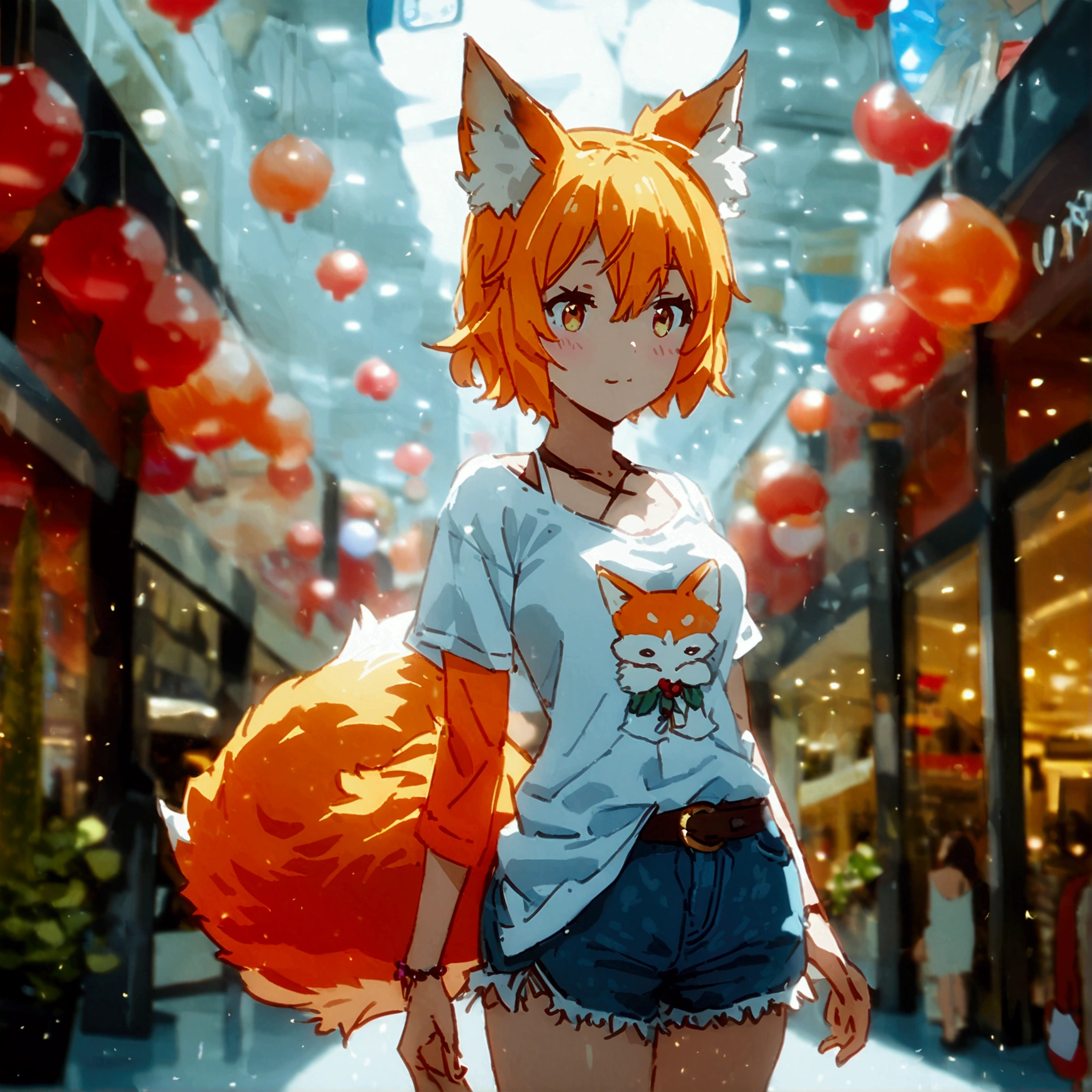 Senko san short light orange hair fox ears and tail in white t-shirt shorts and heels type summer platform sandals in a mall 