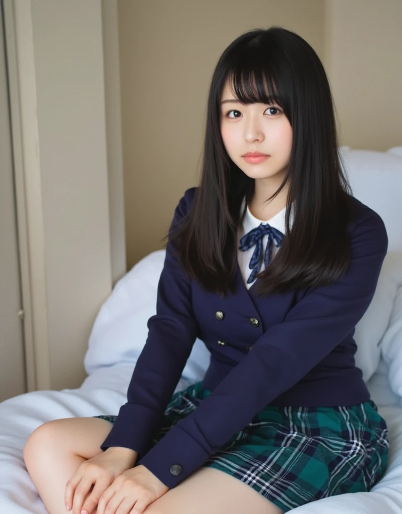 ( top quality、 top quality、 real、photograph、 high definition 、1080P、8k、Her face is particularly pale 、 physical rendering、((height: 155cm))、 1 Japanese girl、(( a siren in the form of a  Japanese middle school student sitting 。))、((((( Siren in the form of a beautiful girl's fashion model in a Japanese magazine )))))、、((( big, very detailed, beautiful dark brown eyes )))、(( blue girly large burgundy shiny polyester Japanese school bow tie))、((( very beautiful straight black hair )))、((((Moss green tartan check formal long pleated pleated skirt ))))、(( slightly oversized plain formal moss green blazer with emblem on left chest 。))、(((((( Best Smile !))))))、Mouth open、 the big blazer and skirt are so cute 。、Fine fingers、Big Breasts、((Curly bangs))、Very beautiful、(( very big and very cute Japanese girl's eyes ))、((Large pupils))、 her entire skirt is reflected 、 thin eyebrows、((Droopy eyes))、((Very long eyelashes))、(( cute and adorable cheeks ))、(( pure white light on her face from the front and top 、 it shines beautifully 。))、(( bright light hits her nose and cheeks 、 brings out the richness of expression 。))、((((( with a nice smile )))))、(((( I'm watching the viewer )))、((((( so gorgeous and so divine 々 in a very luxurious basement with a beautiful bed )))))