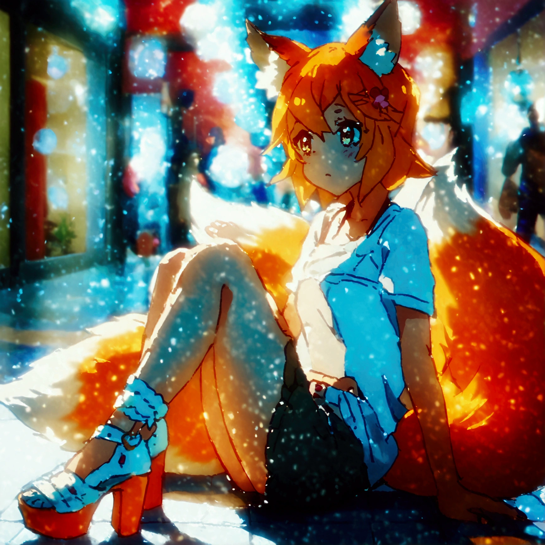 Senko san short light orange hair fox ears and tail in white t-shirt shorts and heels type summer platform sandals in a mall 