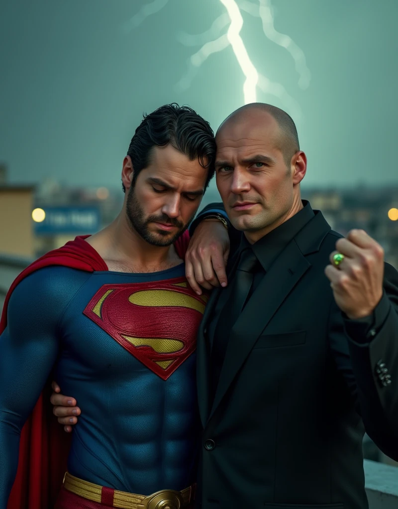 Portrait-style image featuring two men on city rooftop, a electrical storm background. The man on the left is leaning on the shoulder of the other man, pained facial expression, almost unconscious, his eyes are closed, walking with difficulty, he looks like, h3nr4, Henry Cavill, dressed in a Superman costume, characterized by a blue suit with a large red and yellow 'S' emblem on the chest. He has short, dark hair, Short stubble, light skin, pained facial expression, almost unconscious. The man on the right is bald, has light skin, and is wearing a black suit with a black shirt and tie. He has a serious expression and is holding up his right fist, which is adorned with a green ring that emits a faint glow. The overall composition suggests a dynamic interaction between the two characters.