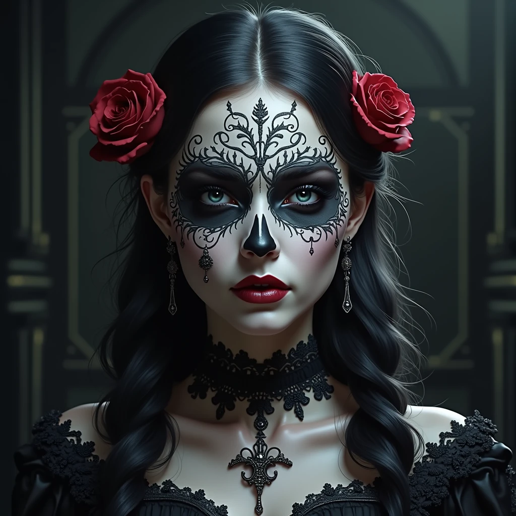 la catrina with crown of red roses, many details on his painted face due to the day of the dead in Mexico