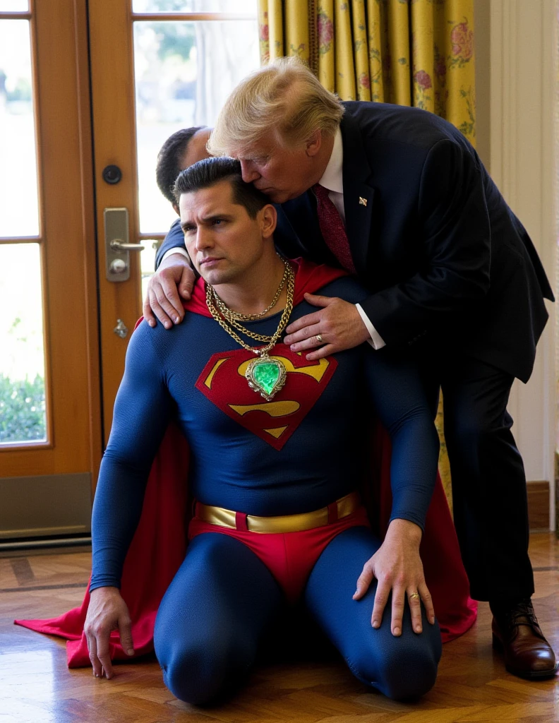 a buff man in a superman costume (think movie version of Superman-black undercut, blue tights and red cape and red boots and red briefs)wearing a classic blue Superman costume, his chest displays the iconic "S" symbol. Superman's traditional red cape is present, attached to the shoulder and flowing behind him , kneeling on the ground in pain, a glowing emerald green crystal pendant hanging from his neck, bound by several chains in the middle of a sunny room. US President Trump stands behind Superman and kisses him