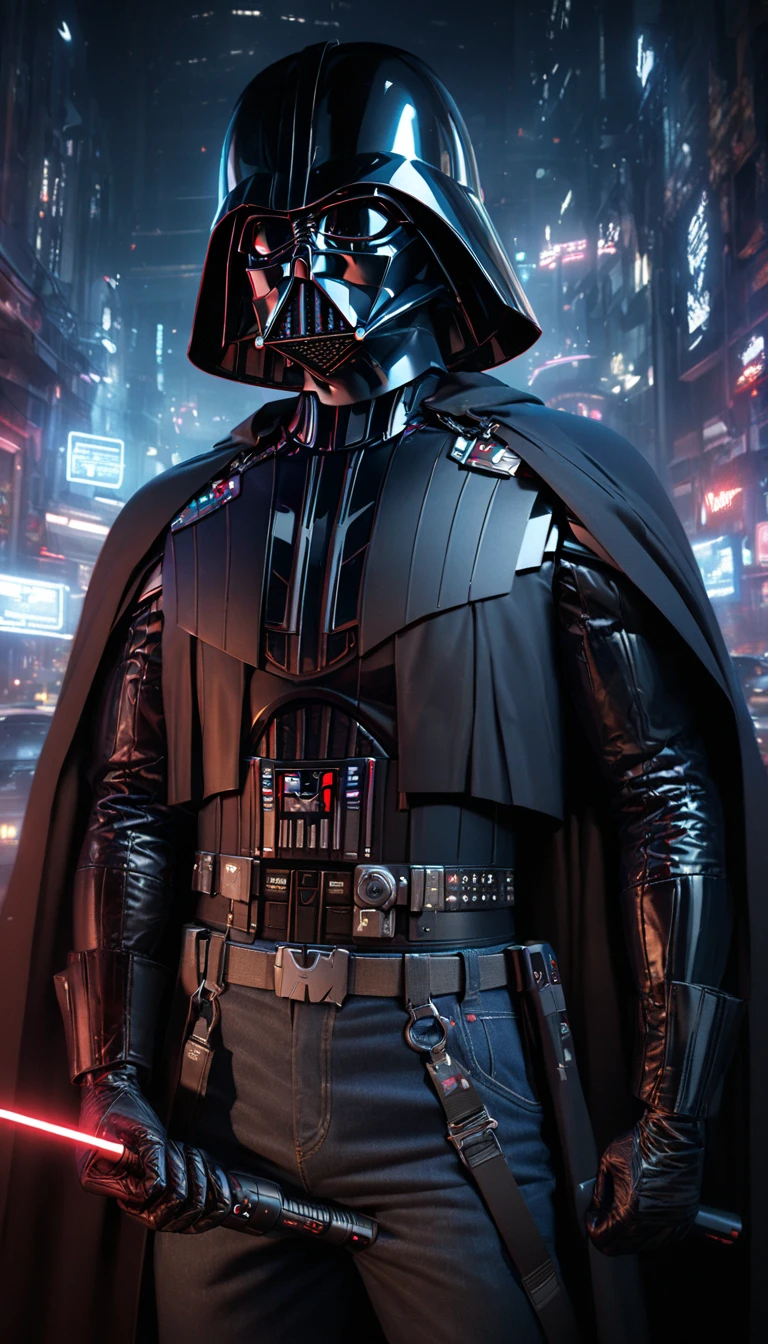 darth vader , Cyberpunk Style, (neon:1.2), , masterpiece, intricate, highly detailed, majestic, digital photography, hdr, , detailed cyberpunk background,bold eclectic styles, punk elements , holographic prints, metallic accents, man in Black_outfit,hood, hood_up, darth vader helmet,(cape:1.2),armor, shoulder armor, (denim:1.2), star wars, (night time),futuristic cityï¼ï¼a city street with neon signs and buildings on both sides of it at night time, holding  light saber, broken arm, ,(photo, studio lighting, hard light, sony a7, 50 mm, matte skin, pores, colors, hyperdetailed, hyperrealistic),