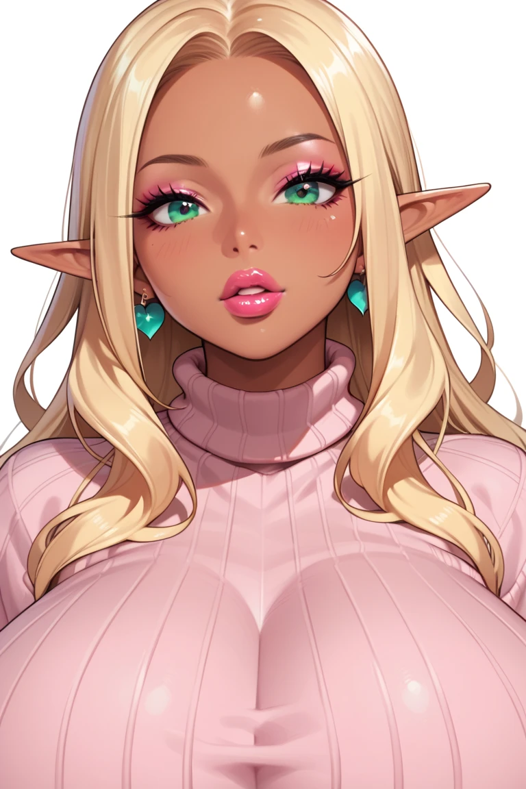 
score_9, score_8_up, score_7_up, 1girl,solo, upper body,looking at viewer, white background, voluminous long blonde hair, elf, makeup , parted lips, lipstick, eyeliner, bimbo, gyaru woman, gigantic breasts, sweater, mint green eyes