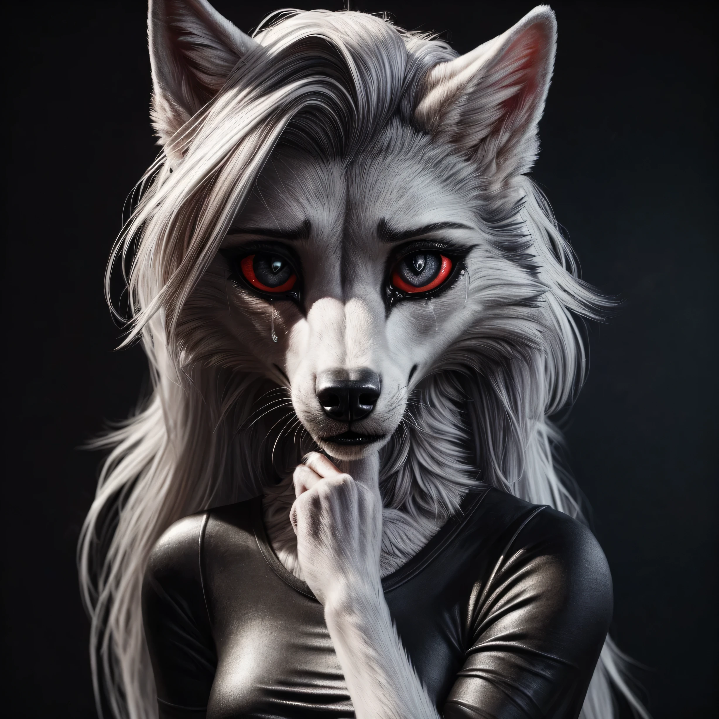 Furry art, breathtaking furry art, realistic furry, anthro white wolf, female wolf, black makeup, white eyes with red sclera, silver hairs, black ears, sensual, loona, claws,(pixelsketcher pikaflufftulf hioshiru artstyle), slender, 75mm canon shot, ultra realistic, slim anthro,(white pupils), small wolf's chin, cute female anthro,( big eyes), short black lycra, black metal t shirt, sad, cry, tears, Halfbody, random background. Masterpiece, Best Quality, High Details, Anatomically Correct.