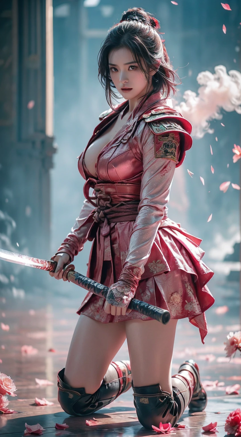 A sexy female character wearing pink armor as a warrior from the Sengoku period、((bob cut))、((onyx black hair))、((toned body))、(glistening skin)、 toned body、((mega breasts 1.8))、 plump breasts 、 plump thighs 、 Pink armor with a camellia pattern engraved on it is bikini type and is designed to emphasize chest exposure、( Wear a cloak with a camellia flower pattern )、peplum skirt、Pink shin guard with camellia flower engraved on it 、White high-leg underwear 、White tights、 absolute domain、,Dramatic lighting,cracked armor,  complex details,A defeated battle,Fading glory,Ghostly shadow,((Kneeling pose)),Rising smoke,Curse of fate,Gloomy ruins,Military honor,Soledad,Fire fighting,Ominous Presence,Ash and smoke,Blood-stained earth,Worn armor,Determination,Glyph of Courage,The end of the Samurai era,(Camellia flowers are in full bloom),Devastated Battlefield, Standing in the middle of a battlefield [A dull color palette],[Light tones],[An intrusive atmosphere:0.9]