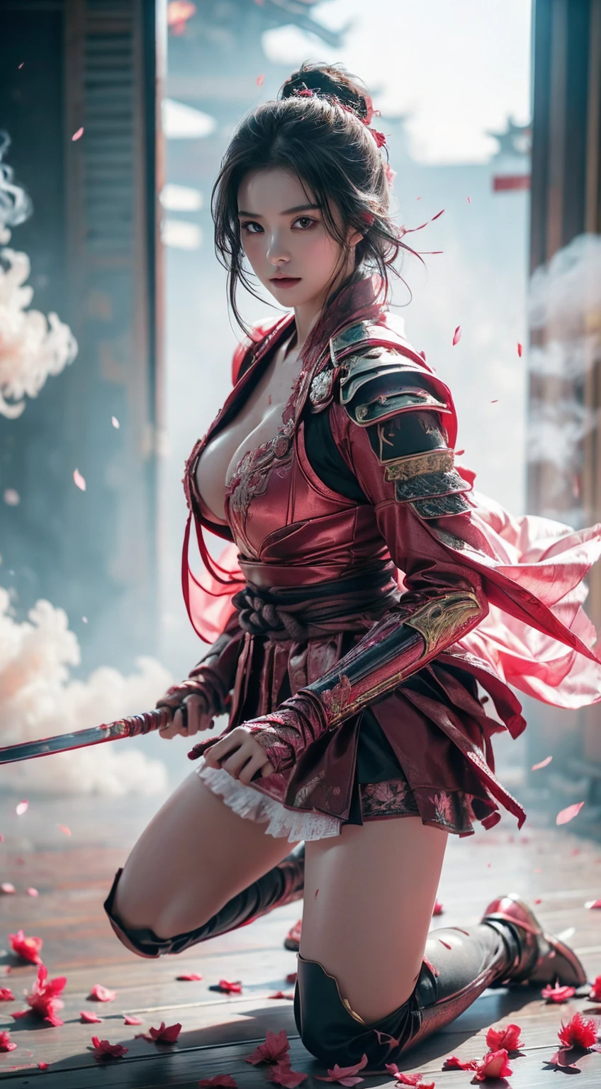 A sexy female character wearing pink armor as a warrior from the Sengoku period、((bob cut))、((onyx black hair))、((toned body))、(glistening skin)、 toned body、((mega breasts 1.8))、 plump breasts 、 plump thighs 、 Pink armor with a camellia pattern engraved on it is bikini type and is designed to emphasize chest exposure、( Wear a cloak with a camellia flower pattern )、peplum skirt、Pink shin guard with camellia flower engraved on it 、White high-leg underwear 、White tights、 absolute domain、,Dramatic lighting,cracked armor,  complex details,A defeated battle,Fading glory,Ghostly shadow,((Kneeling pose)),Rising smoke,Curse of fate,Gloomy ruins,Military honor,Soledad,Fire fighting,Ominous Presence,Ash and smoke,Blood-stained earth,Worn armor,Determination,Glyph of Courage,The end of the Samurai era,(Camellia flowers are in full bloom),Devastated Battlefield, Standing in the middle of a battlefield [A dull color palette],[Light tones],[An intrusive atmosphere:0.9]