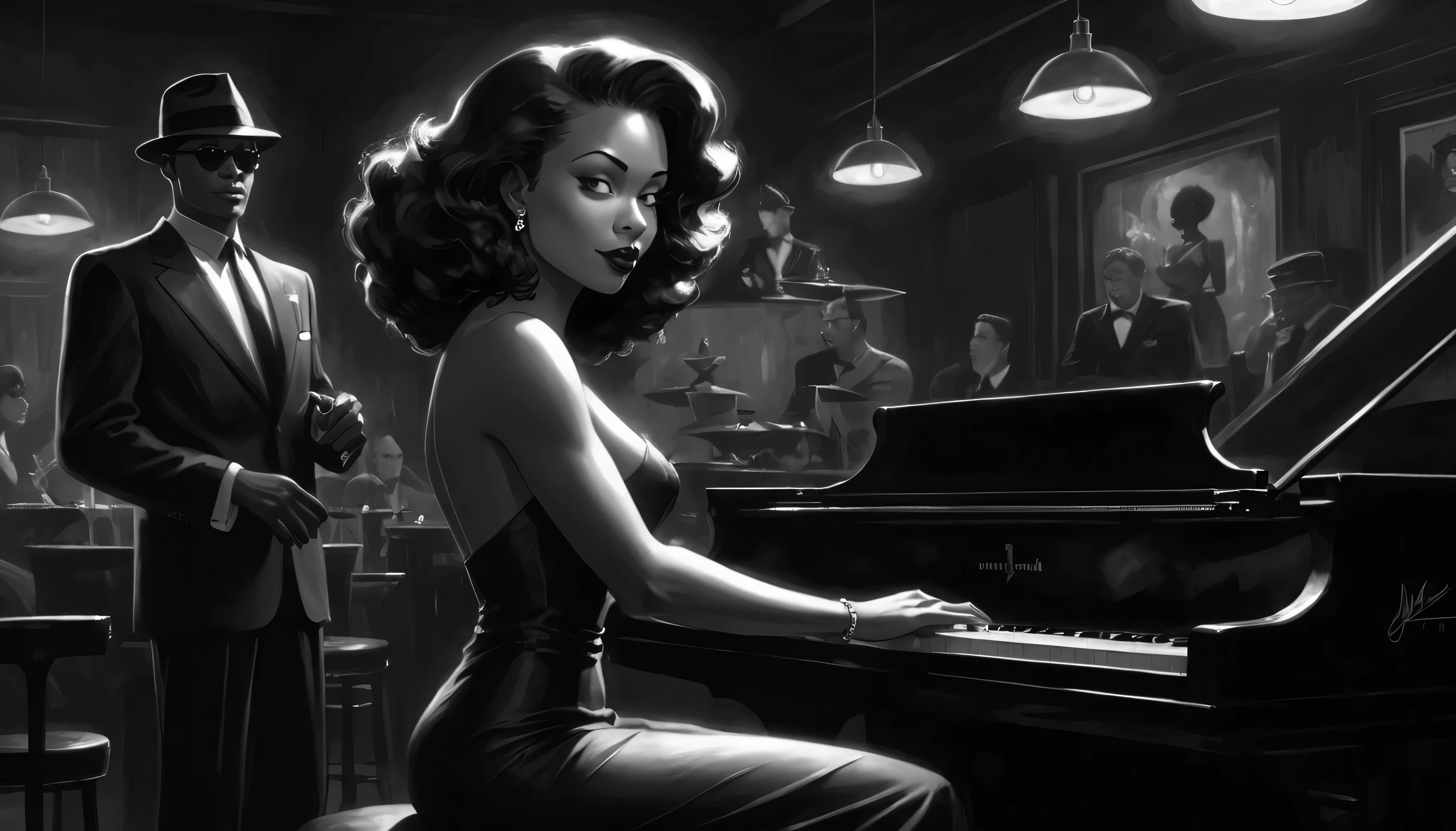 alabama bar, blue note, charismatic, baterist, guitarist, saxophonist, jazz band, bw, illustration, noir fantasy, singer lady,