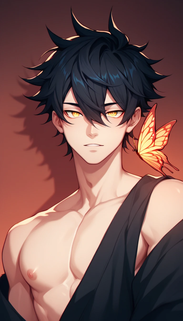 Human Male , Black hair ,hair_over_eyes, yellow pupils, solo , ((red Butterfly tattoo)) , anime Style ,Kanel Style ,