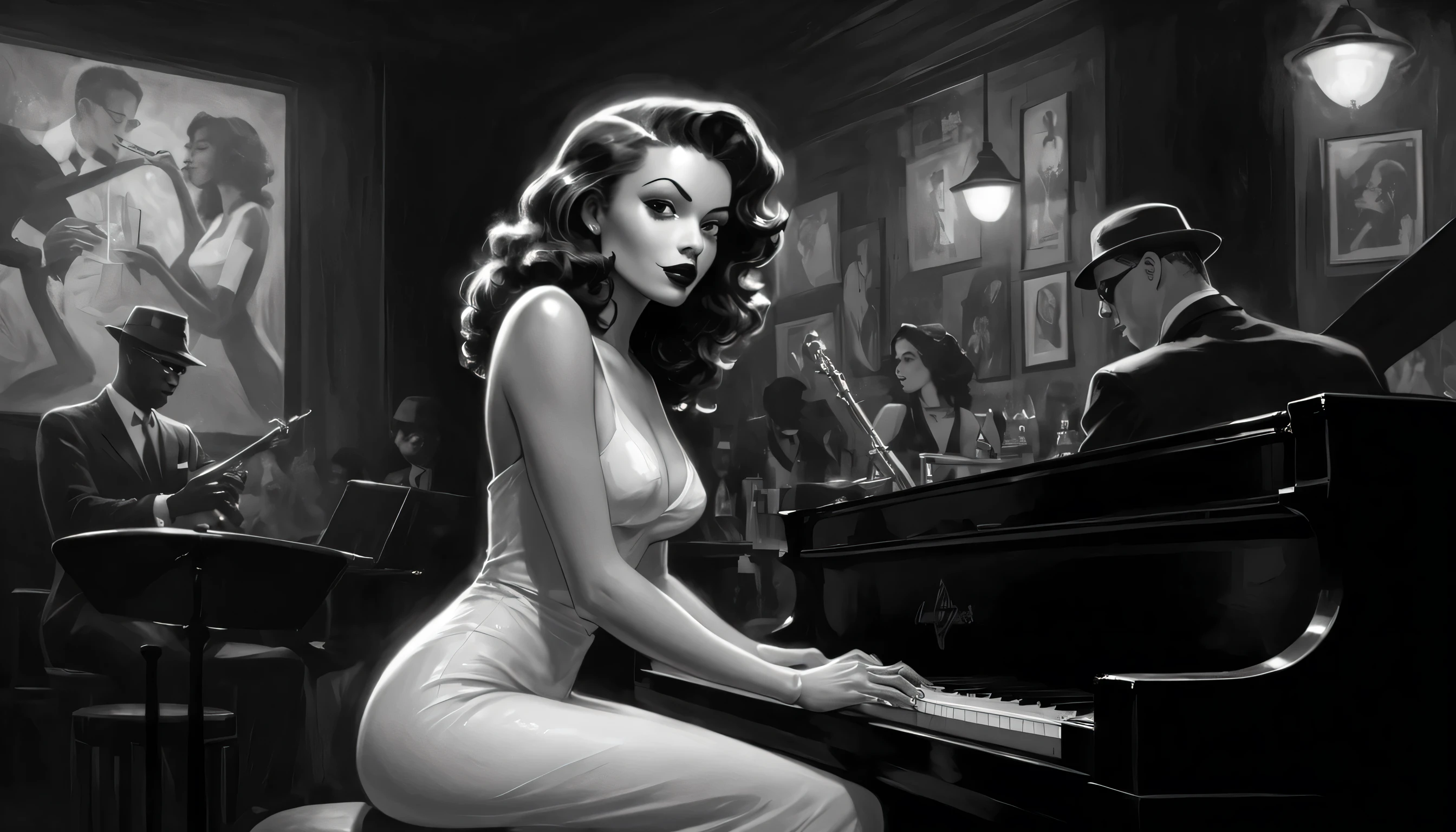 robert johnson, gritty, alabama bar, blue note, charismatic, illustration, bw, noir fantasy, lone blonde lady, saxophonist
