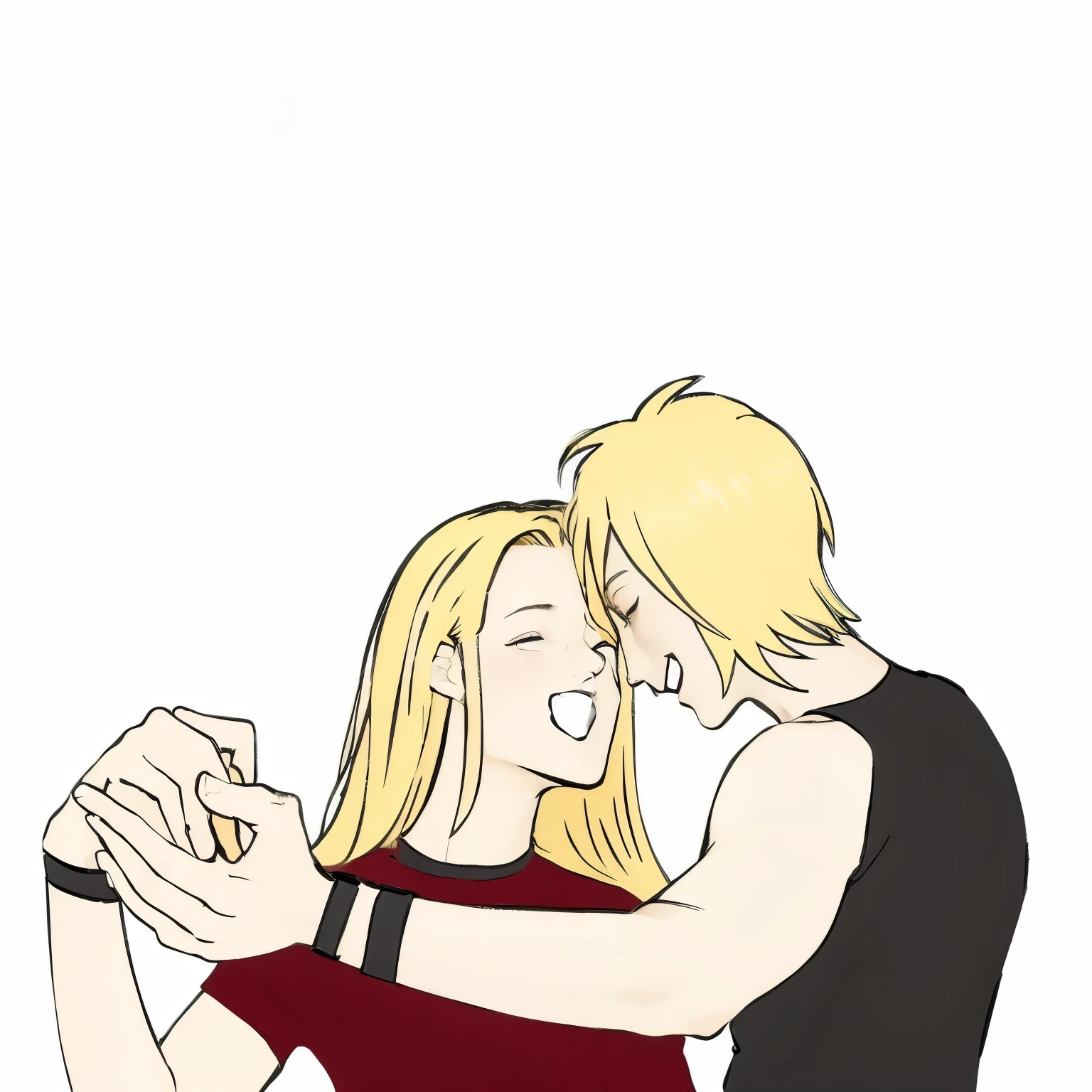 blonde woman in red top and blue shorts holding a man in a white shirt, gentle femdom, huge chin, huge!!!, tight around neck, blond, full head shot, forcing him to flee, mischievous!!, hand on his cheek, mischievous!!!, deborah, clasps his bangs in one hand, mistress, by Heather Hudson. Red lips