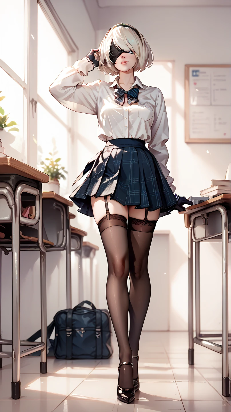 NieR:Automata,  in school uniform, stockings, heels,  in normal proportions, Cutie, HD, high quality .