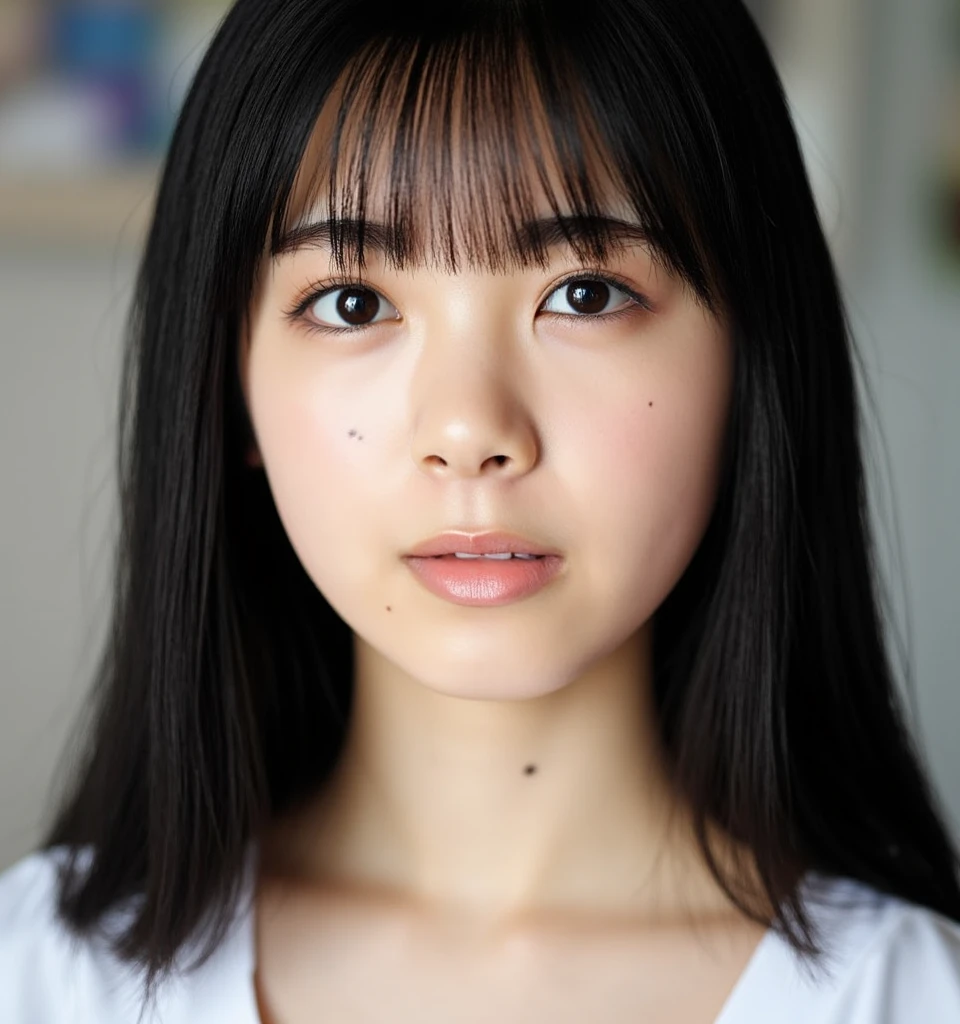 The image is a close-up portrait of a young woman named Ayame with long dark hair and bangs. She is looking directly at the camera with a serious expression on her face. Her hair is styled in loose waves and falls over her shoulders. She is wearing a white shirt. She has a slight smile on her lips and her eyes are a piercing blue. The background is blurred, making the focus of the image the woman's face the focal point. 