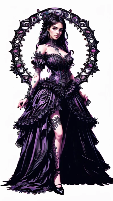 Create an extravagant full-body portrayal of a woman in Gothic style, emphasizing the "woman" theme. The design should feature Gothic elements such as lace, ribbons, and Victorian details, presenting an elegant and intricate style. Use a color palette of black, white, and pastels to capture the unique Gothic aesthetic. The design must stand out, with the woman centered in the image against a white background. It should fit well in the room, make sure it does not touch the edges of the canvas. Woman has many Tattoos 