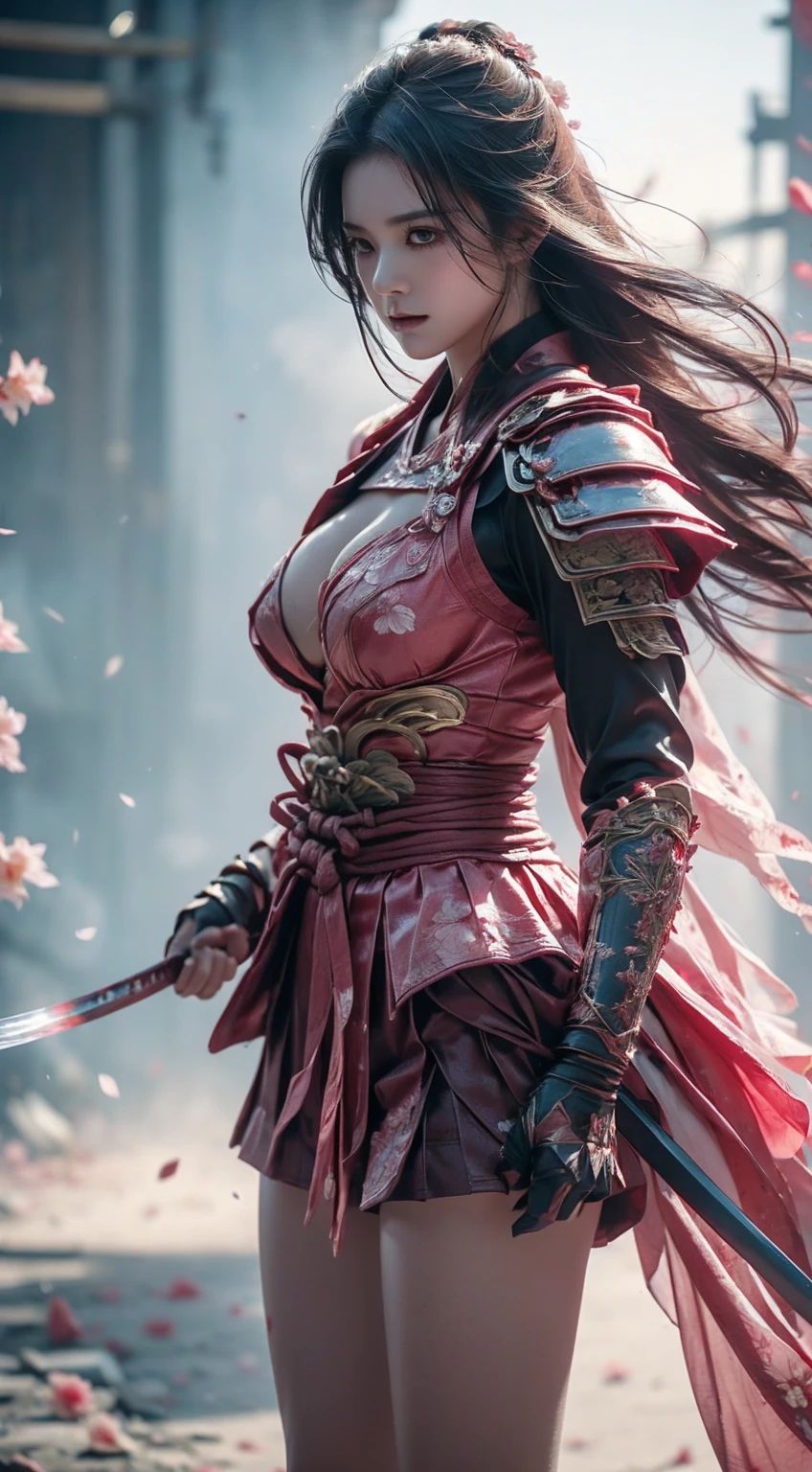 A sexy female character wearing pink armor as a warrior from the Sengoku period、((bob cut))、((onyx black hair))、((toned body))、(glistening skin)、 toned body、((mega breasts 1.8))、 plump breasts 、 plump thighs 、 Pink armor with a camellia pattern engraved on it is bikini type and is designed to emphasize chest exposure、( Wear a cloak with a camellia flower pattern )、peplum skirt、Pink shin guard with camellia flower engraved on it 、White high-leg underwear 、White tights、 absolute domain、,Dramatic lighting,cracked armor,  complex details,A defeated battle,Fading glory,Ghostly shadow,((looking down, watching at Viewer:1.3)),Rising smoke,Curse of fate,Gloomy ruins,Military honor,Soledad,Fire fighting,Ominous Presence,Ash and smoke,Blood-stained earth,Worn armor,Determination,Glyph of Courage,The end of the Samurai era,(Camellia flowers are in full bloom),Devastated Battlefield, Standing in the middle of a battlefield [A dull color palette],[Light tones],[An intrusive atmosphere:0.9]