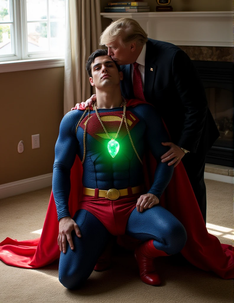 a buff man in a superman costume (think movie version of Superman-black undercut, blue tights and red cape and red boots and red briefs)wearing a classic blue Superman costume, his chest displays the iconic "S" symbol. Superman's traditional red cape is present, attached to the shoulder and flowing behind him , kneeling on the ground in pain, a glowing emerald green crystal pendant hanging from his neck, bound by several chains in the middle of a sunny room. US President Trump stands behind Superman and kisses him