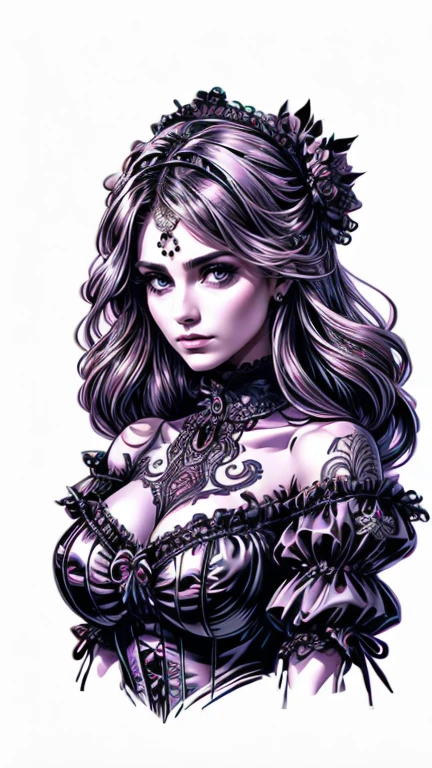 Create an extravagant full-body portrayal of a woman in Gothic style, emphasizing the "woman" theme. The design should feature Gothic elements such as lace, ribbons, and Victorian details, presenting an elegant and intricate style. Use a color palette of black, white, and pastels to capture the unique Gothic aesthetic. The design must stand out, with the woman centered in the image against a white background. It should fit well in the room, make sure it does not touch the edges of the canvas. Woman has many Tattoos 