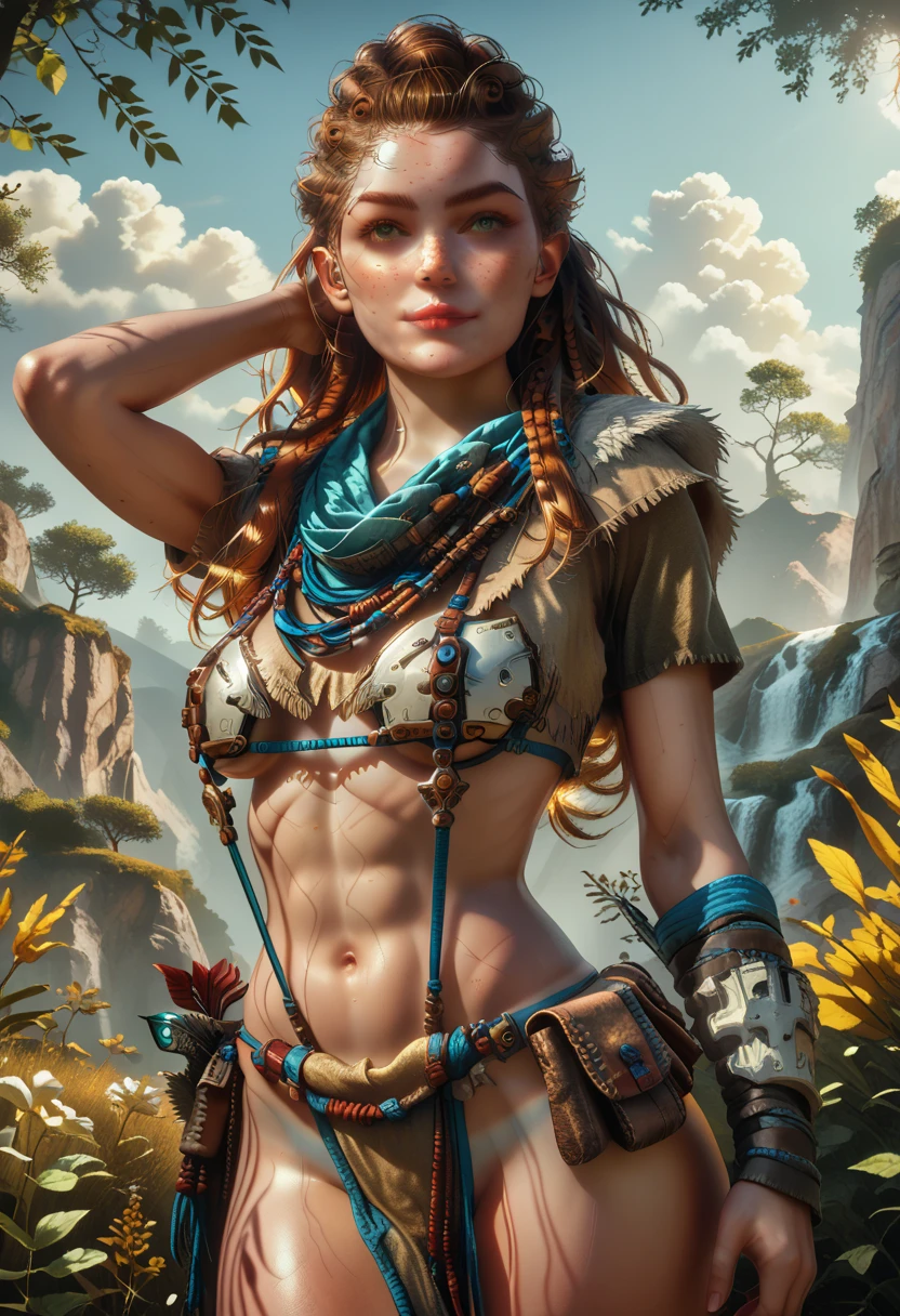 (Aloy:1.37), (Horizon Forbidden West Aloy:1.27),slim and toned, orange-brown hair, braids and hair ornaments, detailed green eyes, (best eyes), (freckles), light smile, (tiny bust), (wearing slingshot micro bikini), (armored bikini), tan lines outside bikini edge, (thighs showing), ultra-detailed, (beautiful face), detailed lips, contrapposto stance, hand behind head, (cowboy shot:1.38), (wide angle:1.28), high resolution, 8k, 16k, outdoor mountain landscape background, warm lighting, vibrant color palette, d3t41l3d, (HFWAloy, 1girl, long hair)