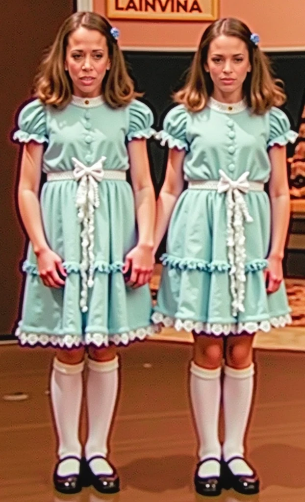 photo from the 80's Two Girls Children twin sisters wearing clothes of the masters 80 and wearing boots and wearing a beautiful lilac dress