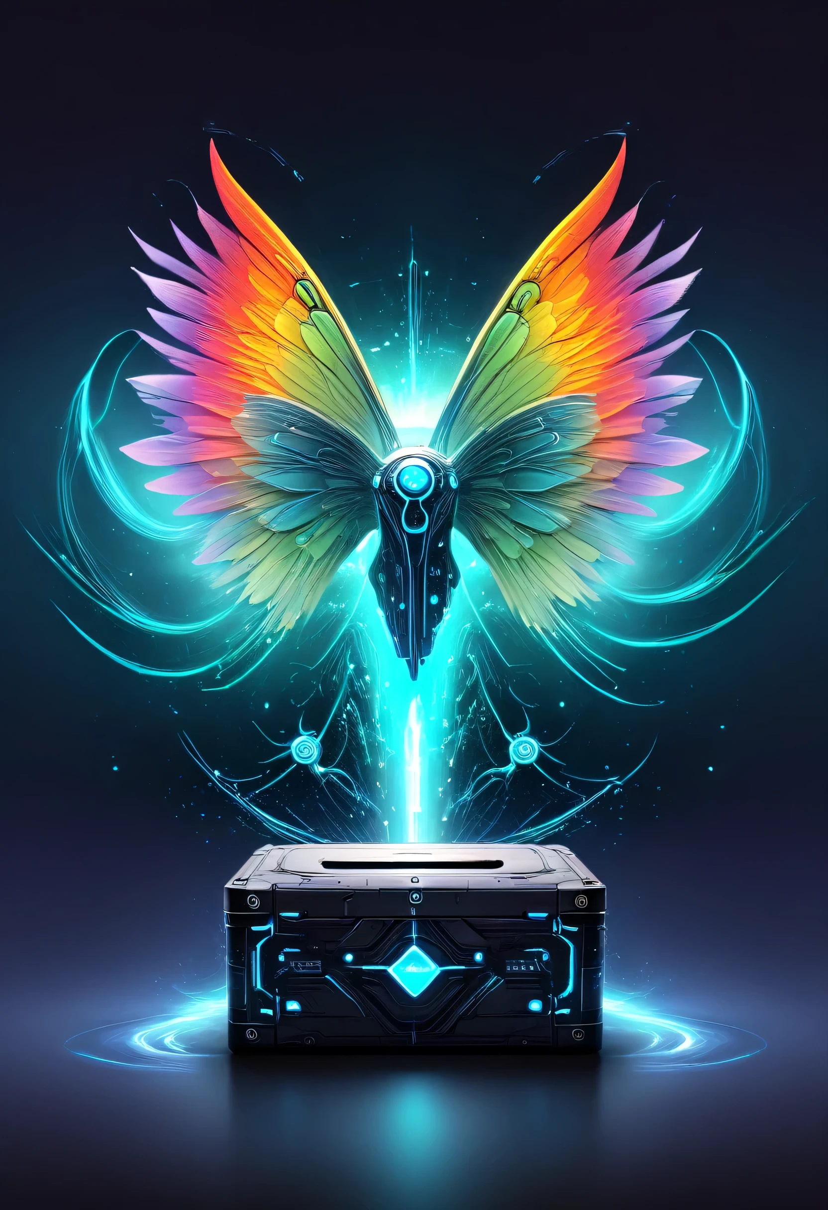 numeric cyberbox with wings left and right, number storm in the background colorful