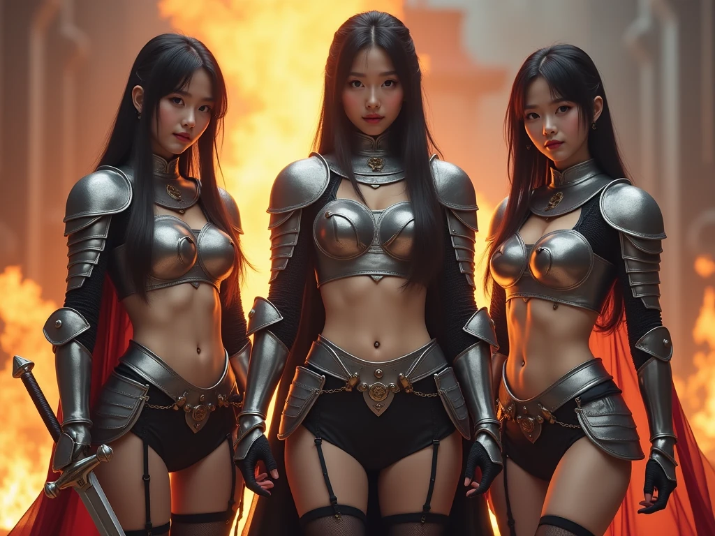 3 gorgious girl, shiny, armour, cloth, aftermoon, front view, beatifull body, fiery, standing