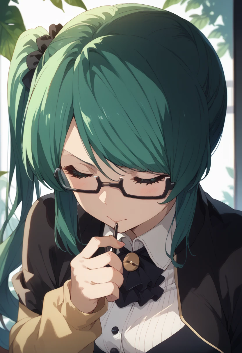 masterpiece, high definition , top quality,8k
(Kagura Suzu, green hair,side ponytail,Glasses)