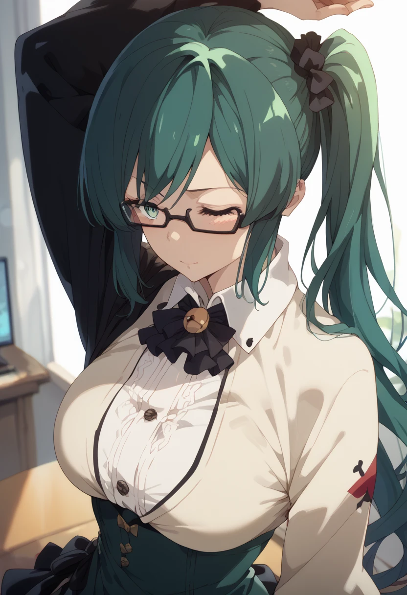 masterpiece, high definition , top quality,8k
(Kagura Suzu, green hair,side ponytail,Glasses)