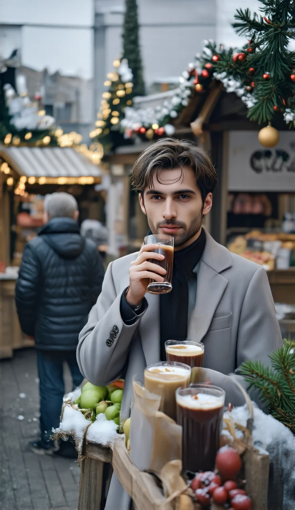 a lonely man standing in a grey christmas market, drinking mulled wine, grey, cold, bad feeling 