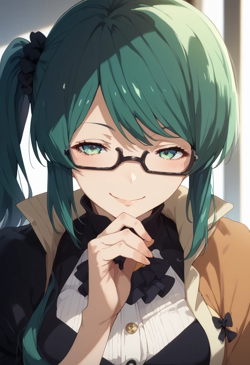 masterpiece, high definition , top quality,8k
(Kagura Suzu, green hair,side ponytail,Glasses)smile