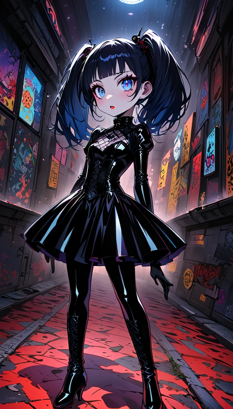 (Full body image of latex gothic fashion girl: 1.5), Japanese cartoons, Lovely, Smoky makeup, dark blue hair, blunt bangs, Straight short Bob, Blue three white eyes, black gloves, Latex knee-high boots, High-gloss finish, Super detailed, (basement), 8K.