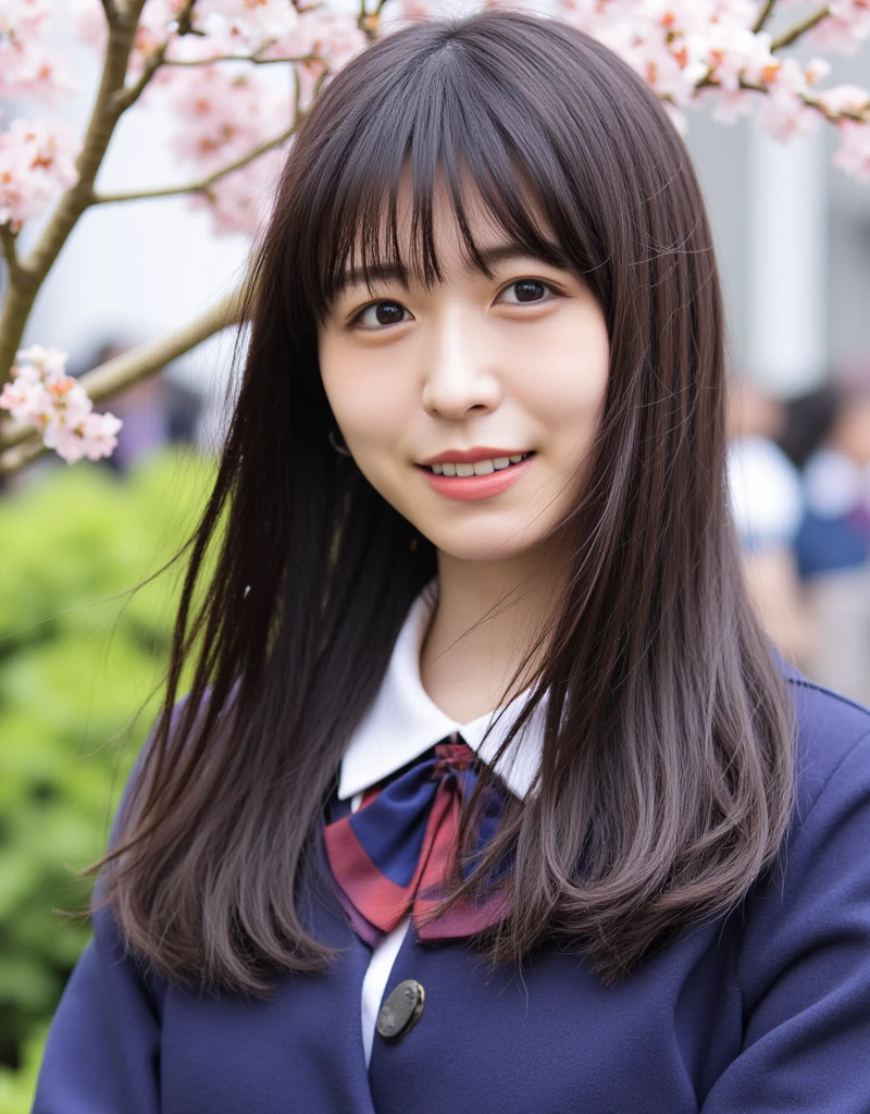 ( top quality、 top quality、 real、photograph、 high definition 、1080P、8k、Her face is particularly pale 、 physical rendering、((height: 155cm))、 1 Japanese girl、(( 18-year-old Japanese high school student ))、((( big, very detailed, beautiful dark brown eyes )))、(( blue girly large burgundy shiny polyester Japanese school bow tie))、((( very beautiful straight black hair )))、(((( formal long pleated pleated skirt with a deep blue tartan check ))))、((A plain formal deep blue blazer that is slightly oversized and has an emblem on the left chest))、Mouth open、 the big blazer and skirt are so cute 。、Fine fingers、Big Breasts、((Curly bangs))、Very beautiful、(( very big and very cute Japanese girl's eyes ))、(( skirt is shown))、 thin eyebrows、((The whole cute and adorable laughing ))、(( pure white light on her face from the front and top 、 it shines beautifully ))、(( show your teeth and laugh))、((( I'm watching the viewer ))、((Cherry blossom tree-lined sidewalk ))、 full body shot