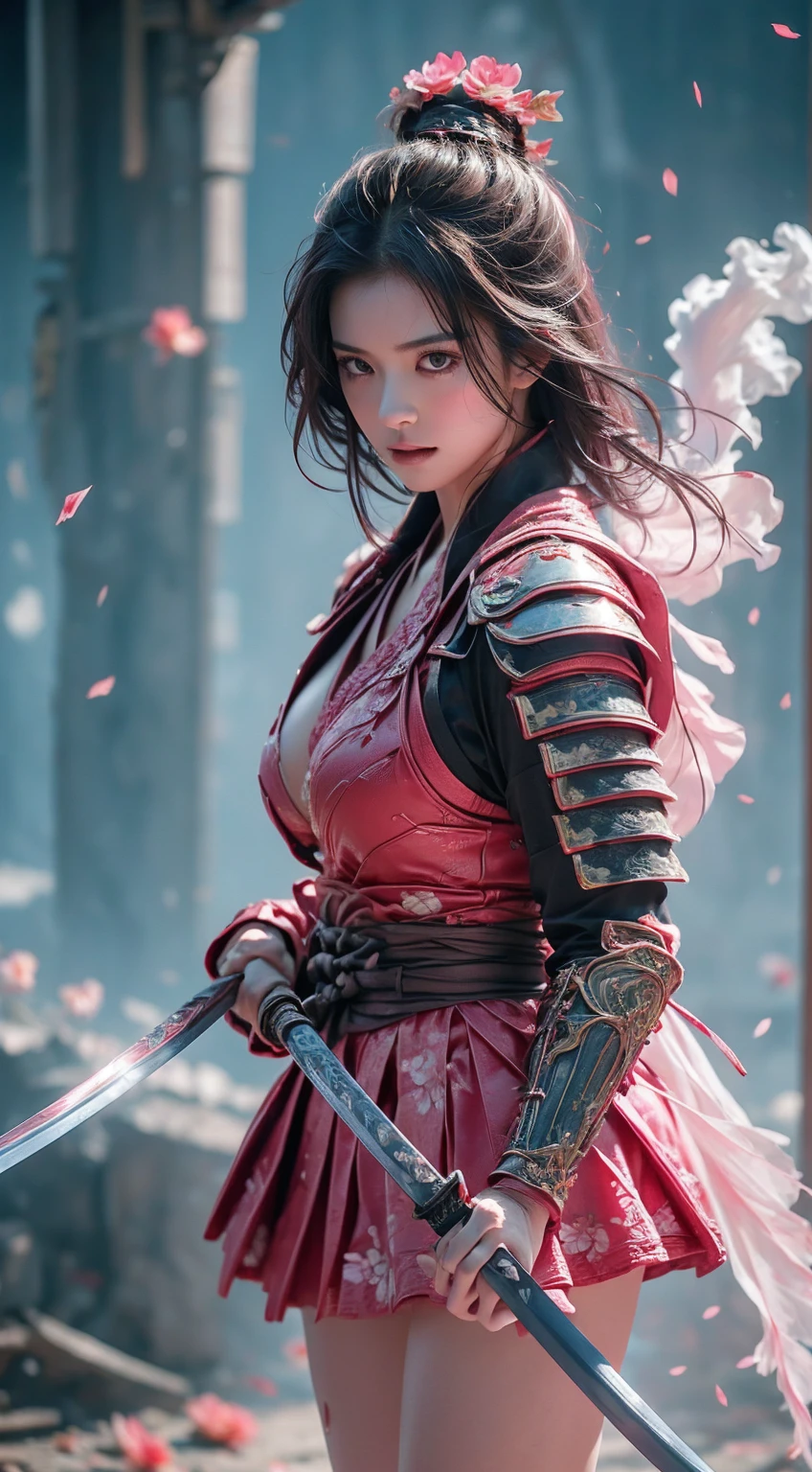 A sexy female character wearing pink armor as a warrior from the Sengoku period、((bob cut))、 bob cut 、((onyx black hair))、((toned body))、(glistening skin)、 toned body、((mega breasts 1.8))、 plump breasts 、 plump thighs 、 Pink armor with a camellia pattern engraved on it is bikini type and is designed to emphasize chest exposure、( Wear a cloak with a camellia flower pattern )、peplum skirt、Pink shin guard with camellia flower engraved on it 、White high-leg underwear 、White tights、 absolute domain、Hold the sword in front 、 upper body only pose 、Dramatic lighting,cracked armor,  complex details,A defeated battle,Fading glory,Ghostly shadow,Rising smoke,Curse of fate,Gloomy ruins,Military honor,Soledad,Fire fighting,Ominous Presence,Ash and smoke,Blood-stained earth,Worn armor,Determination,Glyph of Courage,The end of the Samurai era,( camellia flowers are blooming in large bloom),Devastated Battlefield, Standing in the middle of a battlefield [A dull color palette],[Light tones],[An intrusive atmosphere:0.9]