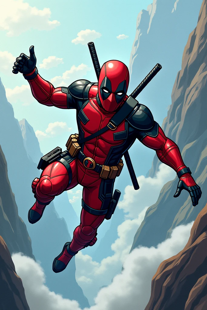 Design a logo that features an ultra-realistic representation of a Deadpool-like character, with victorious hands of triumph. the right hand with a green flag. The character must be integrated into a shield-shaped emblem with a green background. The design should be detailed and realistic, capturing the character's iconic costume and his playful yet triumphant expression.