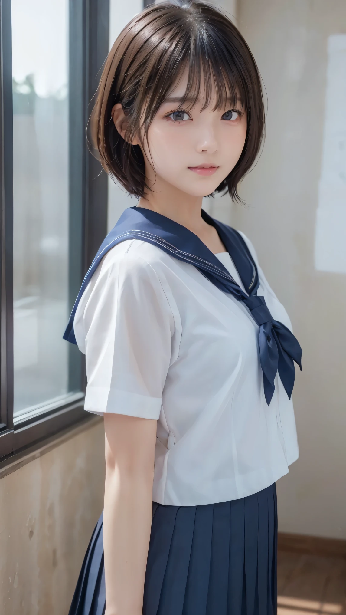 (8k,  Photorealistic,  RAW photo,  Max Image: 1.4),  Japanese High School Girl 、 short bob、 Super detailed face 、Attention to detail、 double eyelids、 sharp concentration:1.2、 beautiful woman:1.4、 black hair、 top quality、  Masterpiece  、 super high resolution、( Photorealistic:1.4)、 is exquisitely crafted in every detail 、 smiles illuminated by professional lighting、(Sailor school uniform,  navy blue pleated skirt)、 open your mouth slightly、