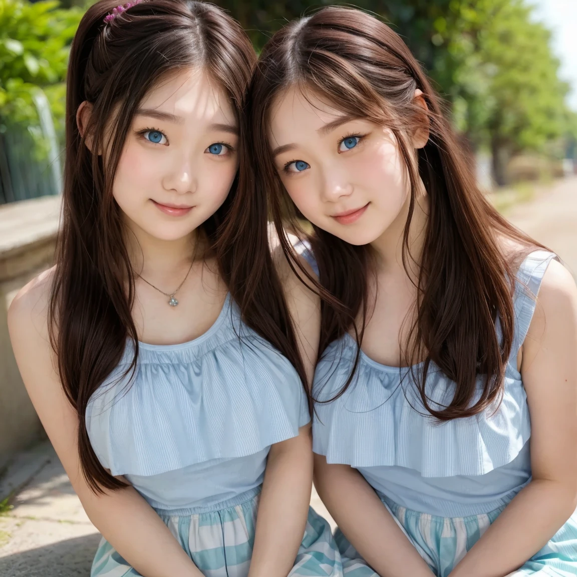 (2 girls same :1.2) , couple focus, japanese girl, adorable, 14,rom above,  Are standing, cheeks and cheeks,high color saturation,  ruffle sheer summer dress,twin tails,   (smile), hair scrunchie, low contrast, highest quality, ultra high resolution, photo-realistic, Super detailed, 8K, RAW photo, (cleavage:1.0), (down blouse:1.0)