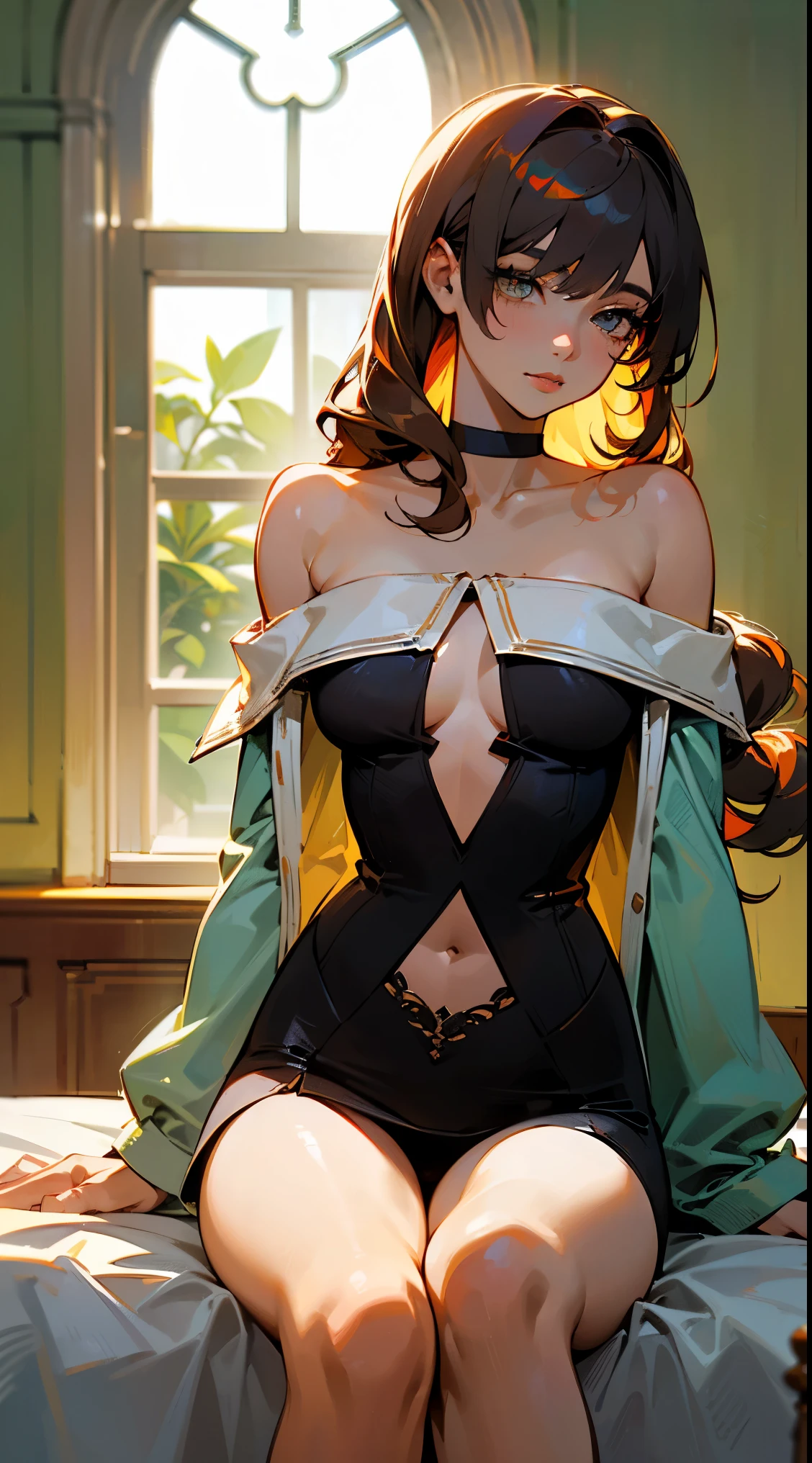 my hero academia style, a girl with red eyes, Brown hair, in a black suit with black boots with green and orange touches, small breasts, challenging and serious look, with sexy lingerie where she shows her nipples and vagina