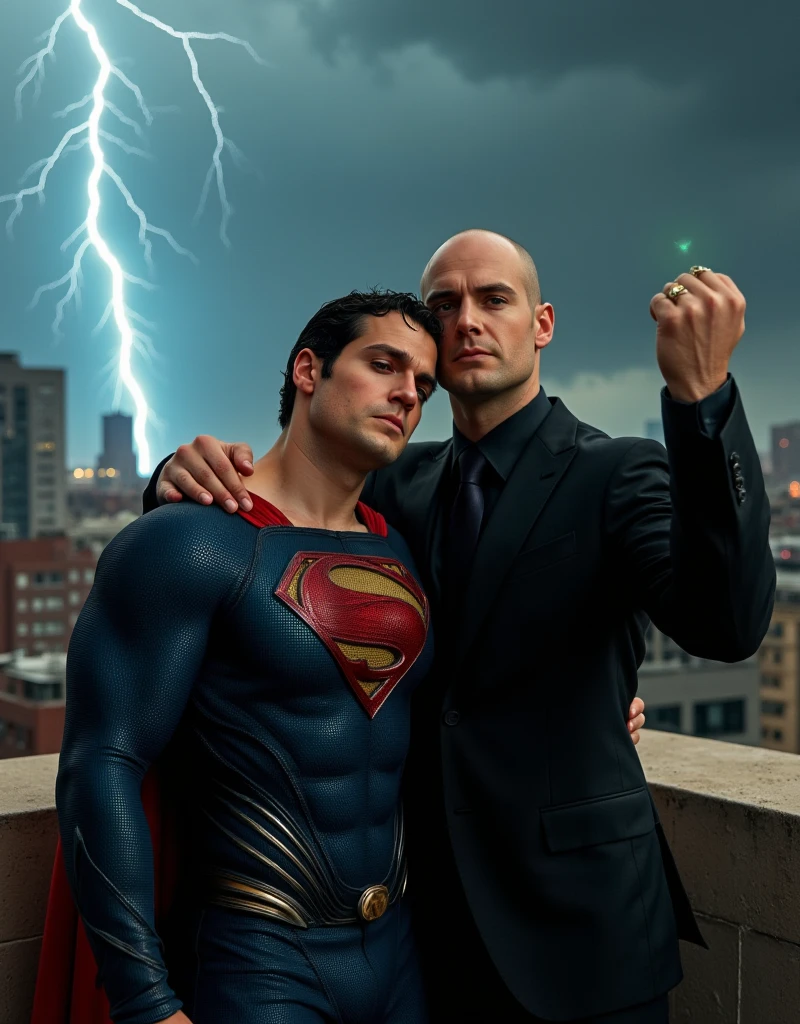 Portrait-style image featuring two men on city rooftop, a electrical storm background. The man on the left is leaning on the shoulder of the other man, pained facial expression, almost unconscious, his eyes are closed, walking with difficulty, he looks like, h3nr4, Henry Cavill, dressed in a Superman costume, characterized by a blue suit with a large red and yellow 'S' emblem on the chest. He has short, dark hair, Short stubble, light skin, pained facial expression, almost unconscious. The man on the right is bald, has light skin, and is wearing a black suit with a black shirt and tie. He has a serious expression and is holding up his right fist, which is adorned with a green ring that emits a faint glow. The overall composition suggests a dynamic interaction between the two characters.