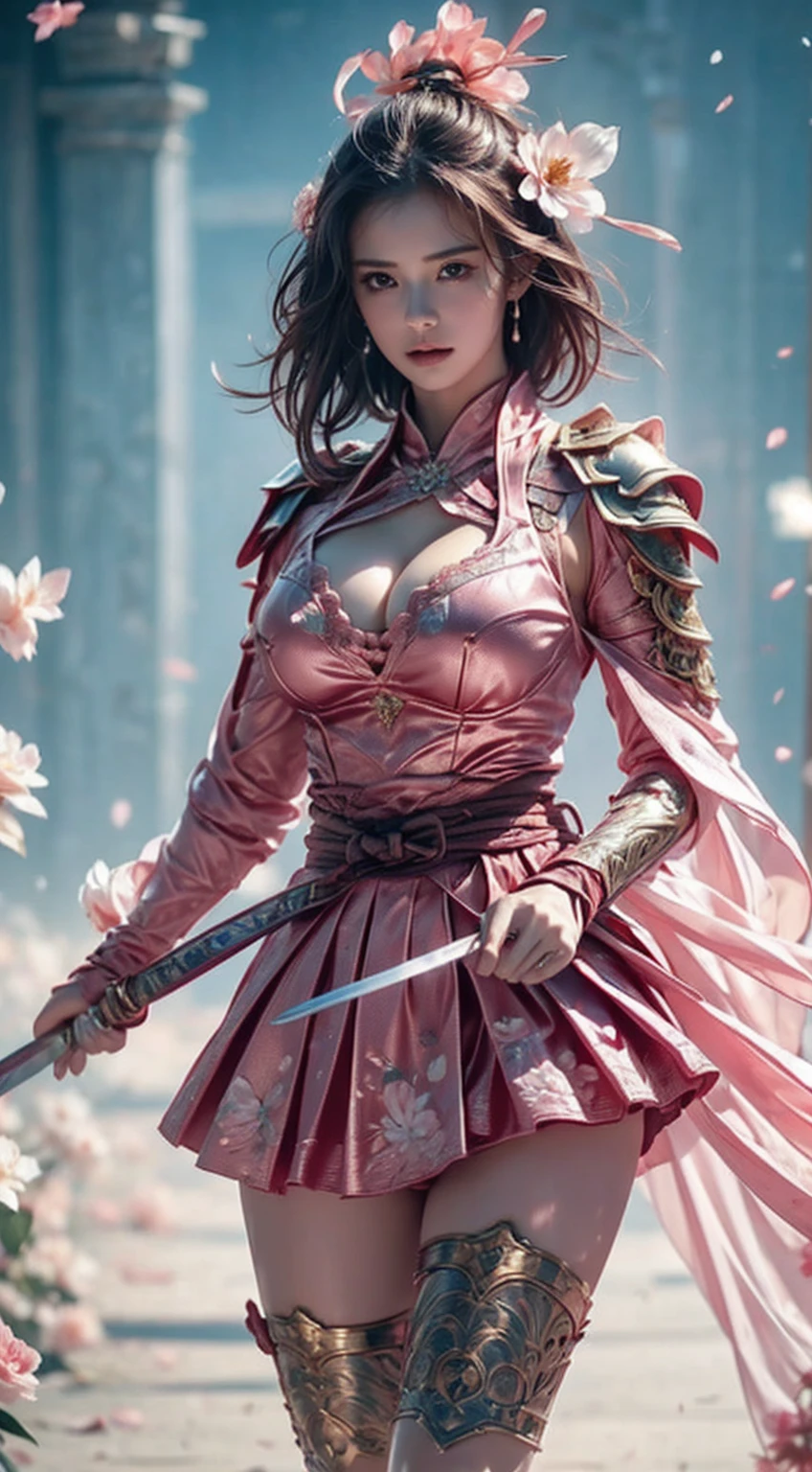 A sexy female character wearing pink armor as a warrior from the Sengoku period、((bob cut))、 bob cut 、((toned body))、(glistening skin)、 toned body、((mega breasts 1.8))、 plump breasts 、 plump thighs 、 Pink armor with a camellia pattern engraved on it is bikini type and is designed to emphasize chest exposure、( Wear a cloak with a camellia flower pattern )、peplum skirt、Pink shin guard with camellia flower engraved on it 、White high-leg underwear 、White tights、 absolute domain、Hold the sword in front 、((upper body))、Dramatic lighting、cracked armor、 complex details、( camellia flowers are blooming in large bloom),Devastated Battlefield, Standing in the middle of a battlefield [A dull color palette],[Light tones],[An intrusive atmosphere:0.9]