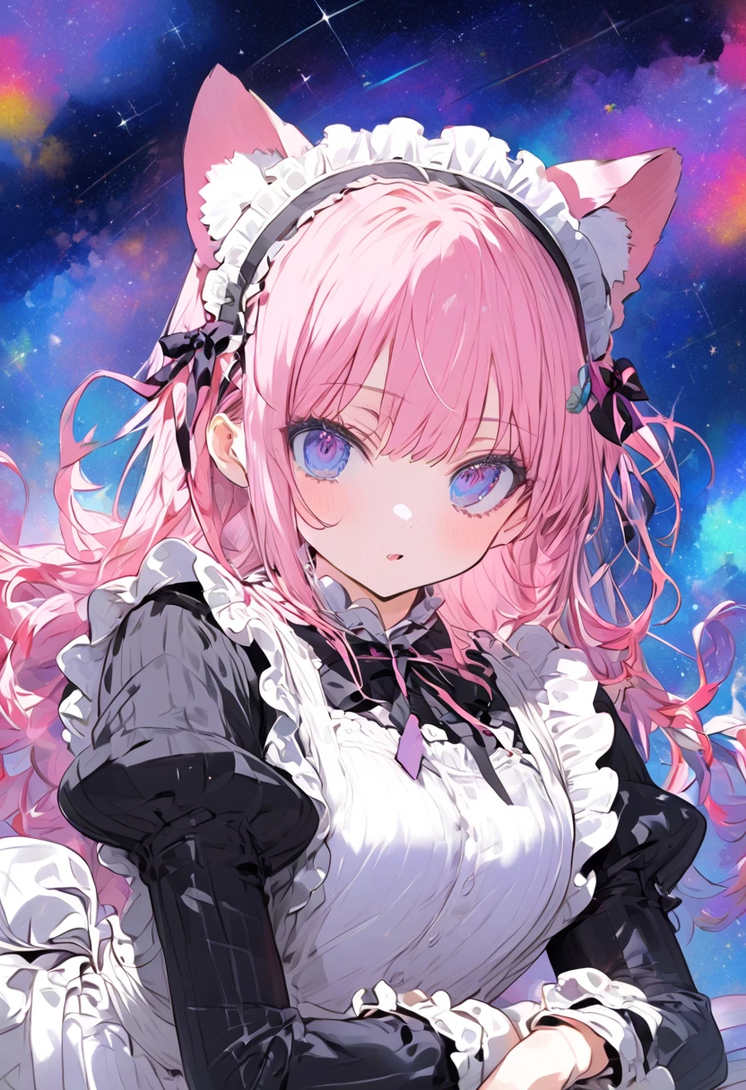  creates a colorful environment with a theme of stars and the universe ,  the central character has Neko ears, short pink hair and a maid's suit, The pose is like inviting you to his space cafeteria 